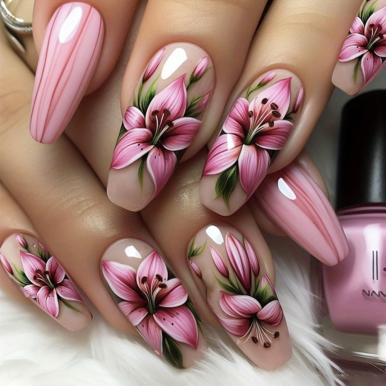 24 Stück Aufklebe-Nägel mit Blumendesign Vollständige Abdeckung Falsche Nägel Florale Nagelkunst Maniküre Glänzend Künstlicher Nagel Acryl Aufklebe-Nägel
