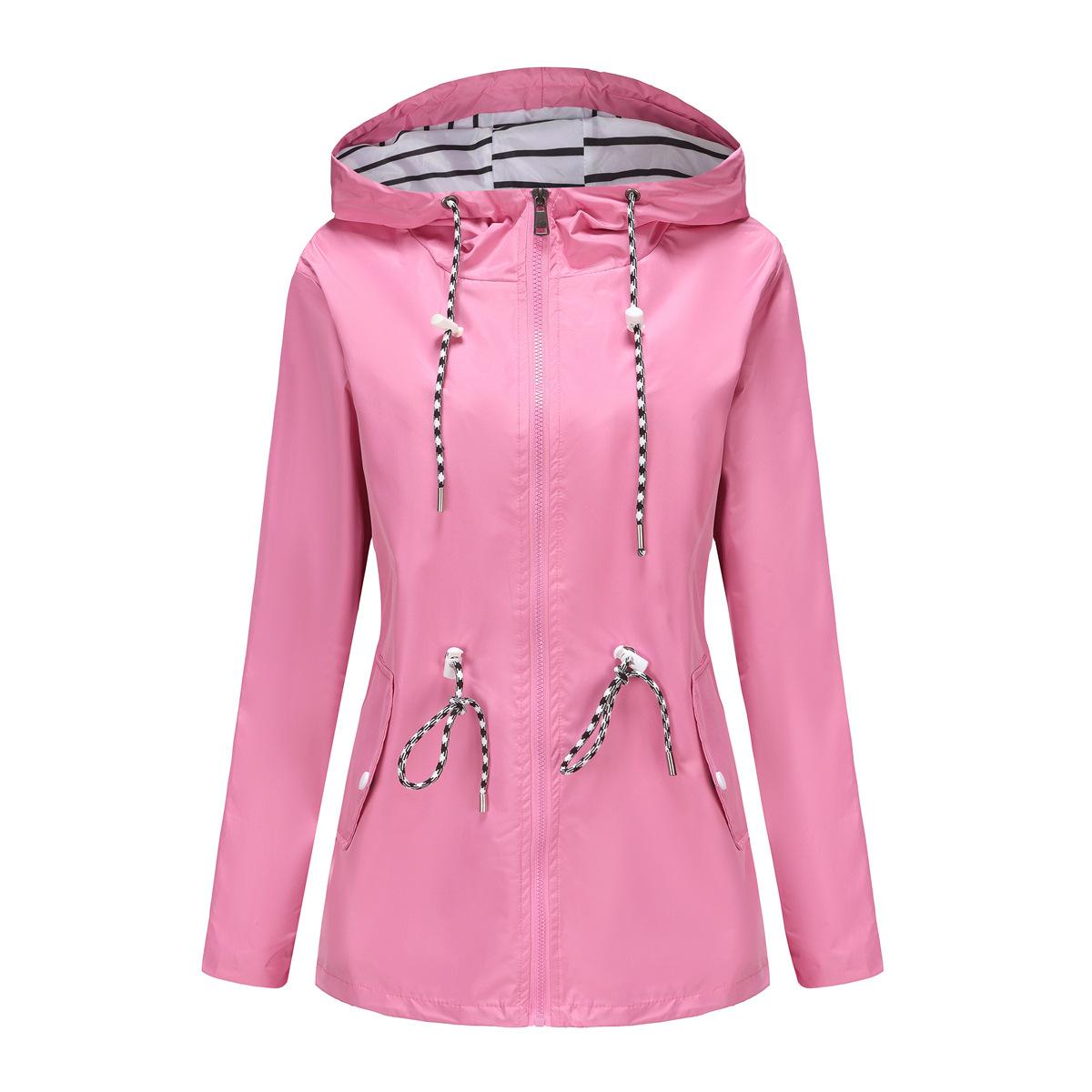 YJKDYK 2024 Frühling Herbst Damen Outdoorjacke Damen Wasserabweisend Mittellang Windjacke Damen Kapuze Streifen Mäntel XXL rosa