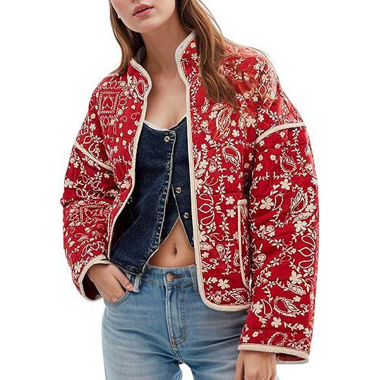 Bedruckte Gesteppte Baumwolljacke Damenmode Langärmelig Stehkragen Mäntel Damen Einreihig Lockerer Mantel Herbst Oberbekleidung S black