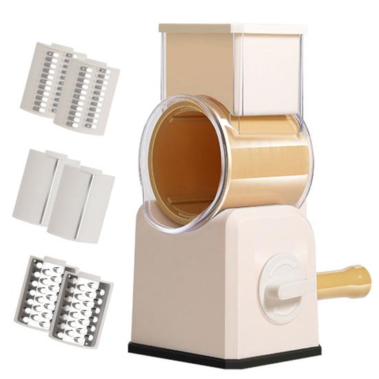 Müheloser Gemüsezerkleinerer, starke Saugbasis, 3 Sätze Klingen, handfreundlicher manueller rotierender Gemüseschneider, Küchenzubehör gelb