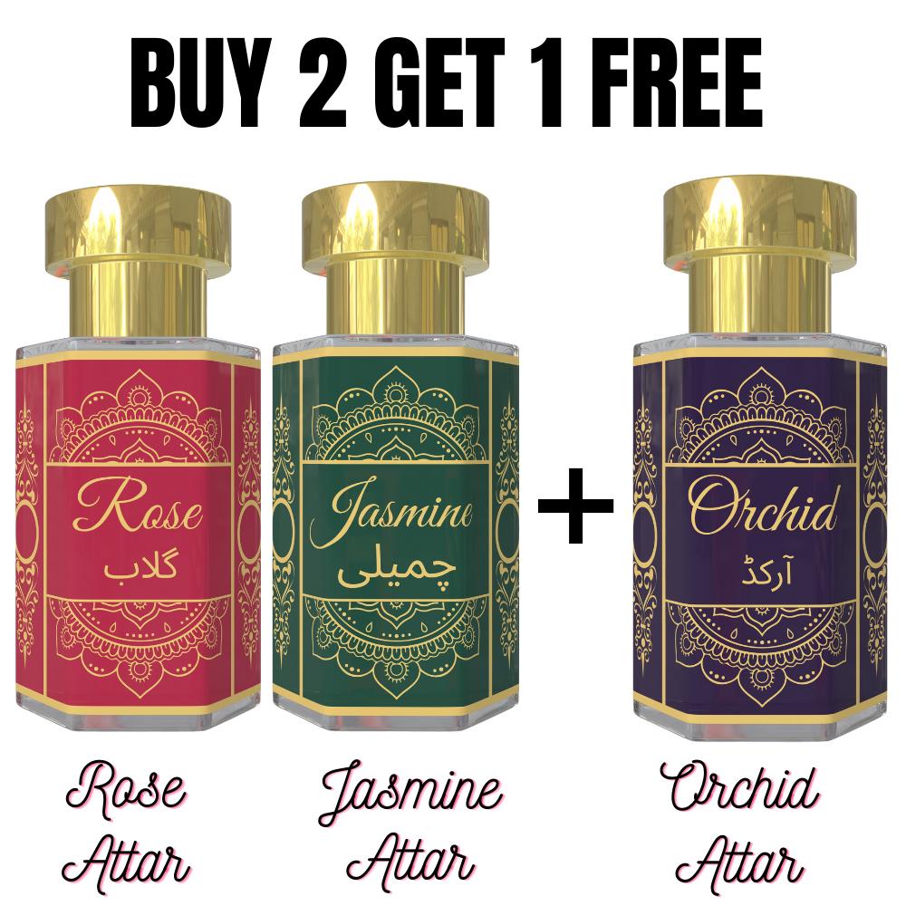 Rosen-Attar und Jasmin-Attar mit kostenlosem Orchideen-Attar – Klassische & Exotische Blumenduft-Kombination | Alkoholfreie Unisex-Roll-On Parfumöle | 3 x 6 ml Pack= 6ml