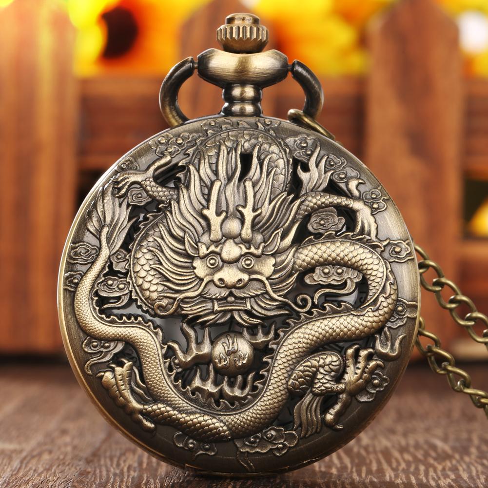 Herren-Quarz-Taschenuhr mit Halskette, römische Taschenuhr für Männer und Frauen, cooles Drachenmuster-Taschenuhr, Geschenk für Jungen, Männer, Vintage-Uhr zum Vatertag bronze