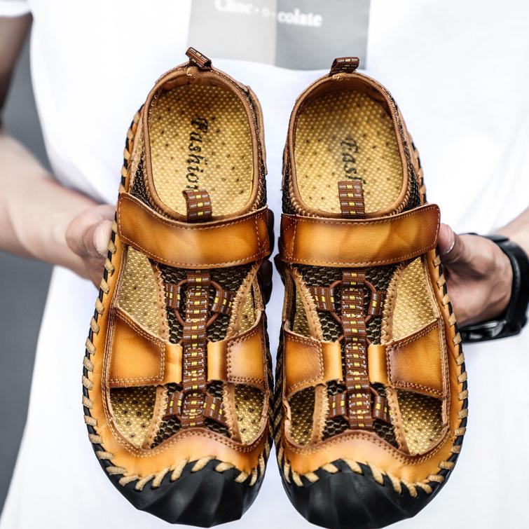 Herren handgefertigte Sandalen Outdoor Sandalen Ledersandalen Strandschuhe Wandern Outdoor Ledersandalen 43 gelb