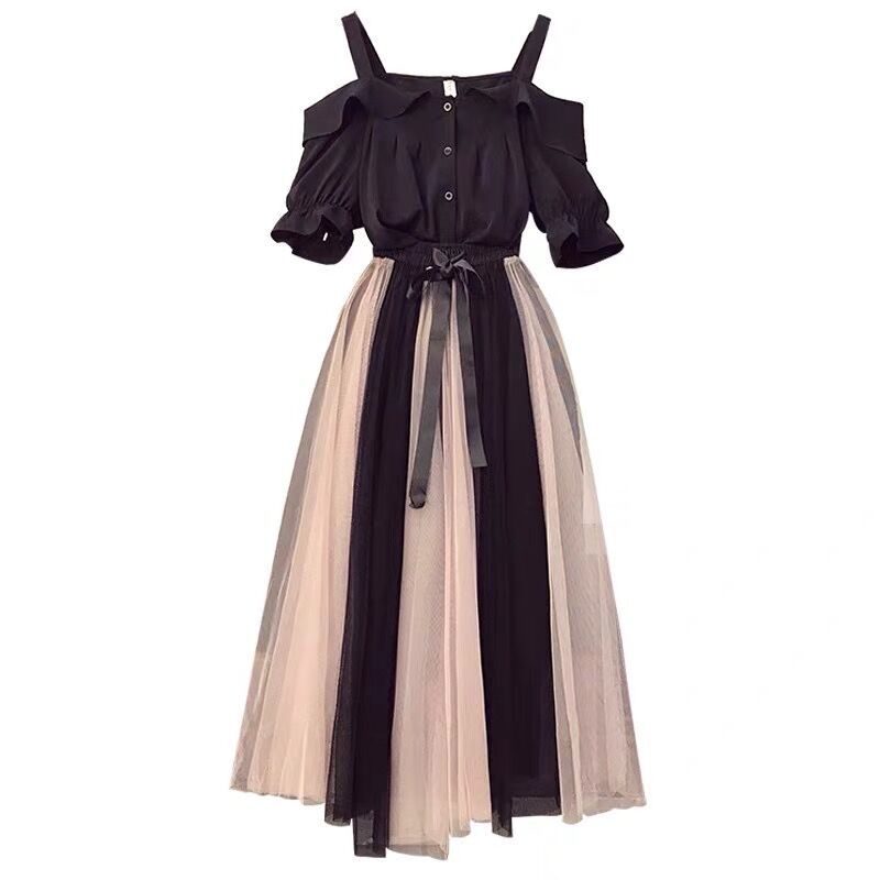 Einteiler/Anzug Plus Size Damenkleid Schlankheits-Netzkleid Zweiteiliger Anzug Trägerloses Sling-Kleid A-Linien-Kleid mit Taillenschlankung L