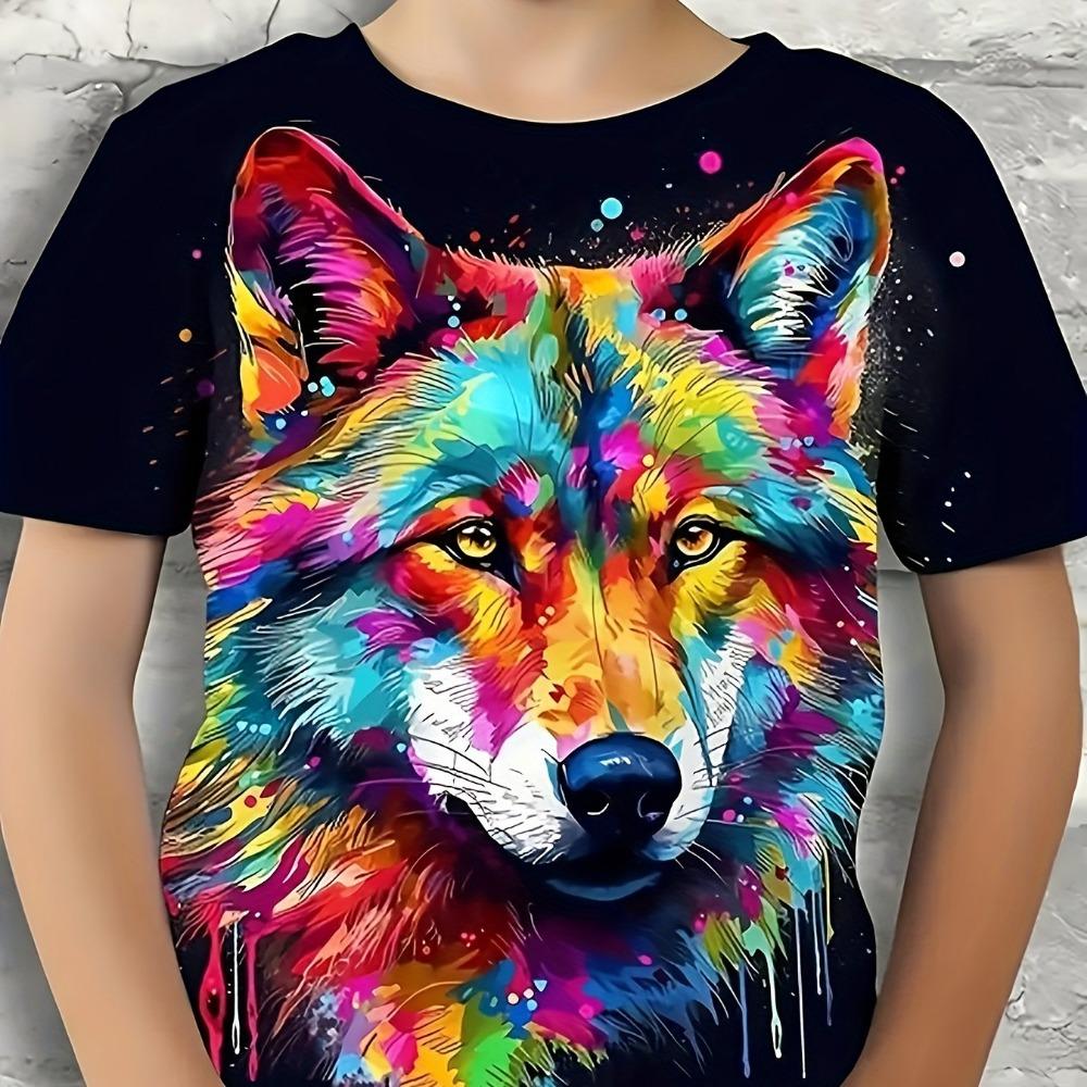 Kinderkleidung Jungen T-Shirt Kurzarm Cooler 3D Wolf Print Kinder Sommerkleidung Stilvolle Streetwear Rundhals Mädchenkleidung 100
