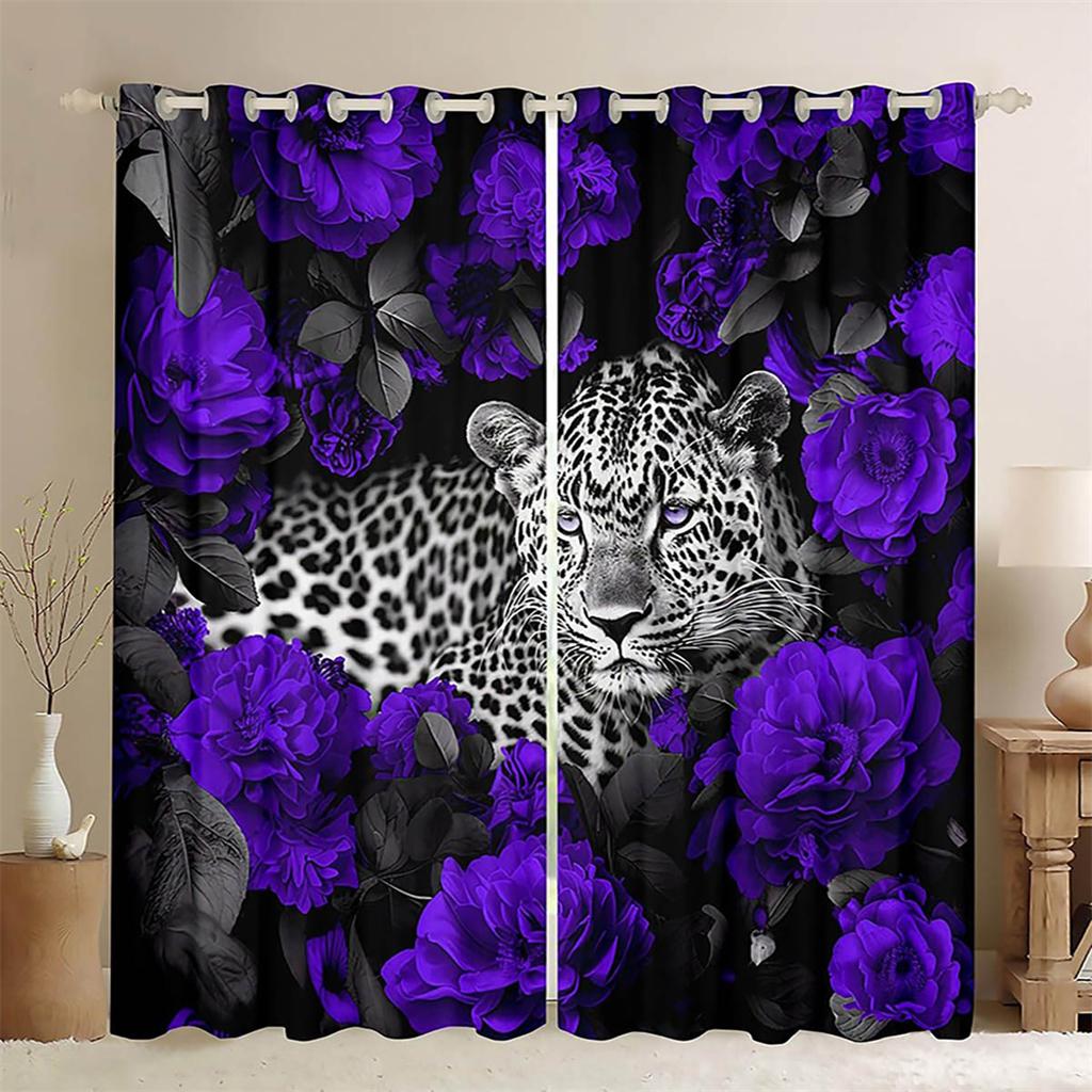 3D Vorhänge Lila Rose Floral Tier Tiger Leopard Vorhänge Wohnzimmer Schlafzimmer Balkon Fenster Dekorative Vorhänge 2 Paneele 50W130H(CM)X2PCS&Hook purple