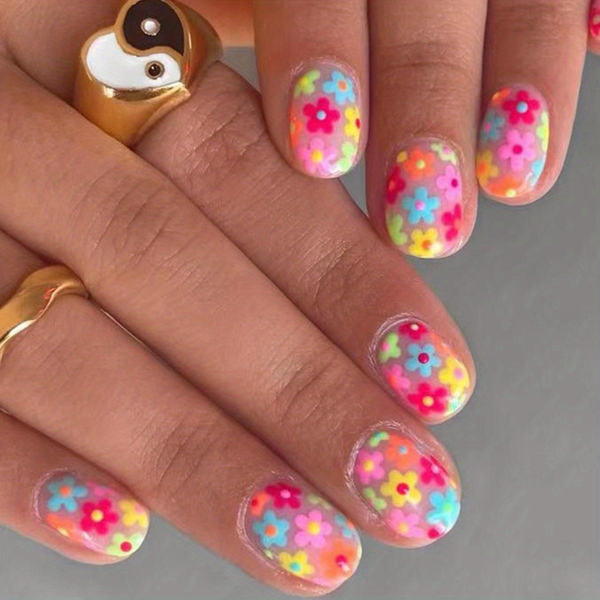 24 Stück süße kurze ovale Aufdrücknägel, farbige künstliche Blumennägel mit Designs, glänzende vollständige Abdeckung, Graffiti-Kunstnägel für Frauen und Mädchen zu Ostern 706#