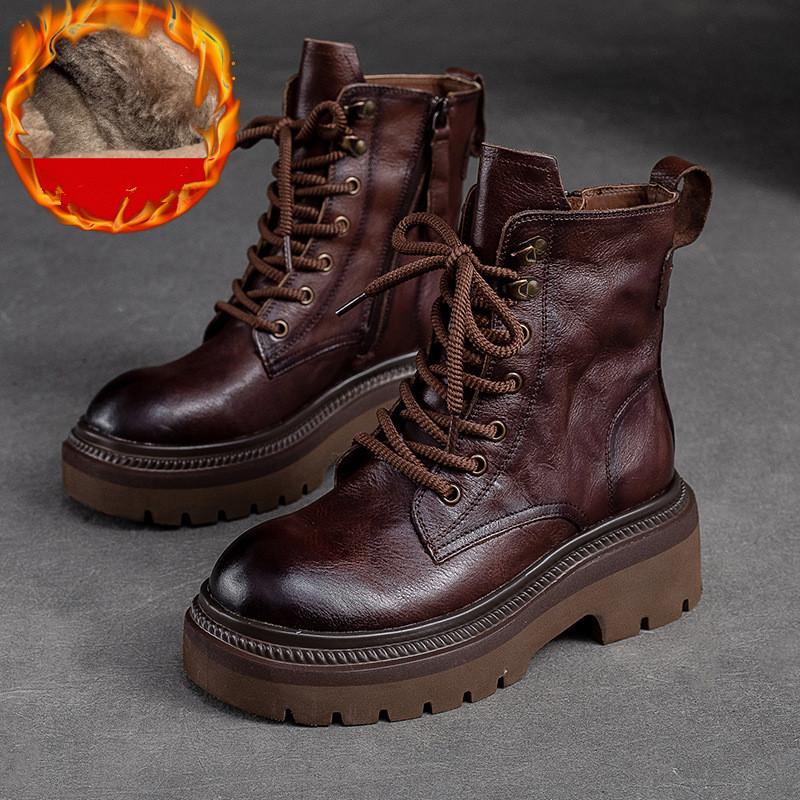 Johnature Vintage-Stiefel mit dicker Sohle, seitlicher Reißverschluss, kurze Stiefel aus echtem Leder, modische, vielseitige Damenschuhe 35-Plush kaffeebraun