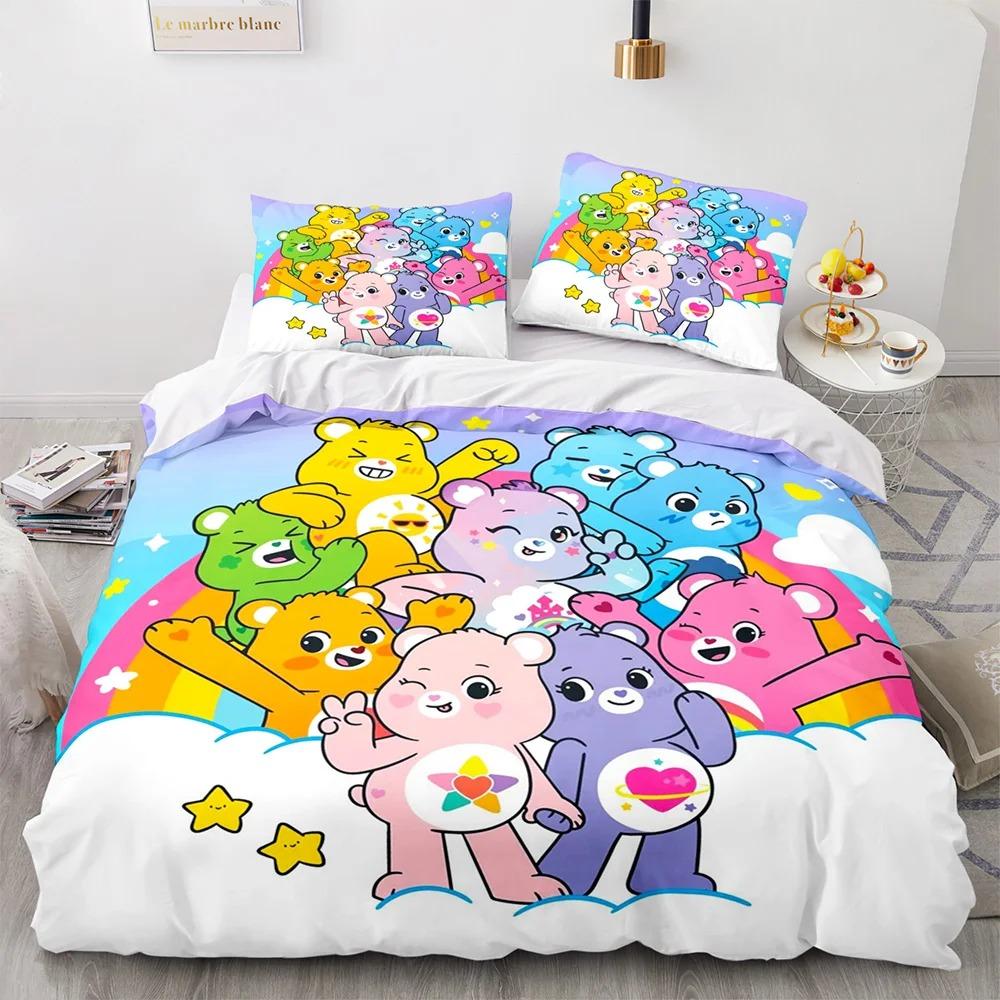Cartoon Anime Care Bears Bettbezug-Set Kawaii Carebears Bettdeckenbezug Kissenbezug-Set Kinderbettwäsche-Set Dekor Full Queen King Size AU Single(140*210cm)3pcs