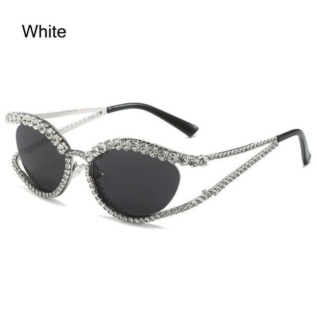 Strass glänzende Sonnenbrille einzigartige Luxus für Frauen Cat Eye Sonnenbrille Mode Legierung Gläser Shades Party Brillen weiß