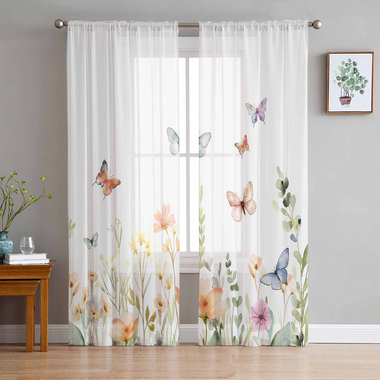 Schmetterling Blumen und Blumen Gardinen für Kinderzimmer Schlafzimmer Wohnzimmer Voile Fenster Vorhänge Tüll Vorhänge W135 x H114cm