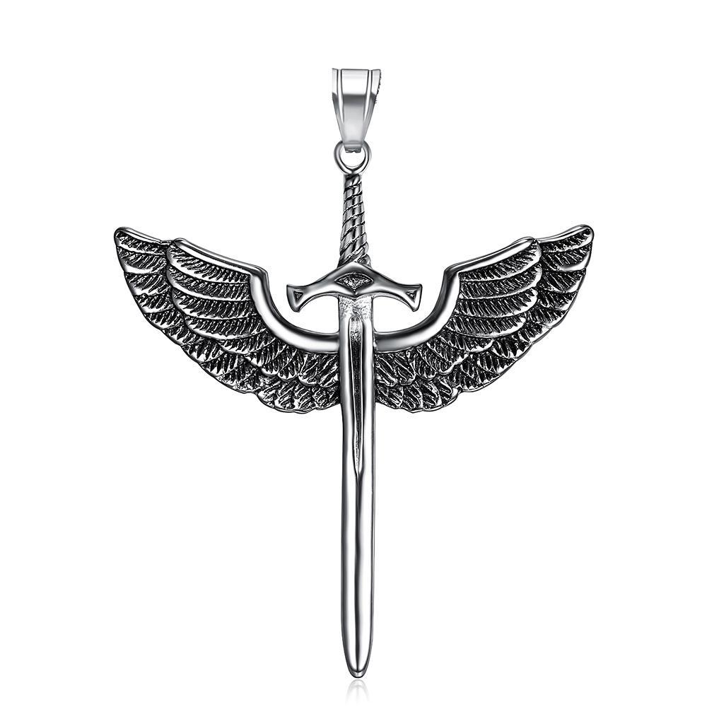 Engelsflügel Anhänger Halsketten für Männer Frauen Edelstahl Charms Kette Heiliges Schwert Kreuz Anhänger Unisex Schmuck Zubehör black