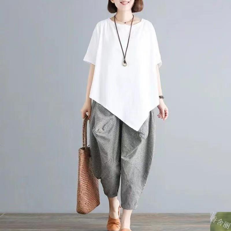 Baumwollmischung Lockere Passform Lässiges Damen-T-Shirt und Harlan-Hosen-Set Einzelteil Sommer-Mode-Ensemble für Übergrößen M weiß