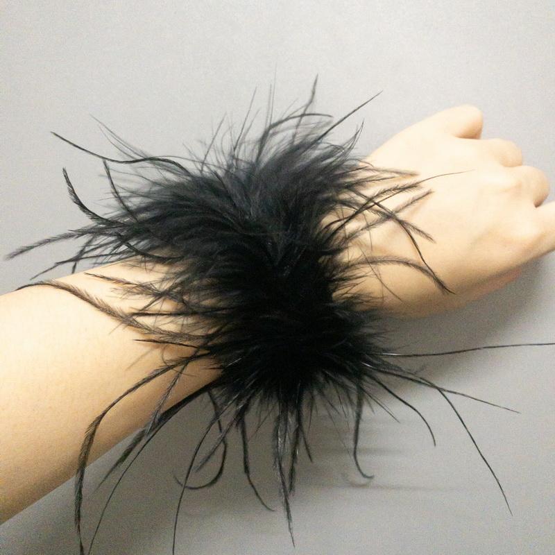 Echte Straußenfeder Stulpen Damen Handgelenk Ärmel Pelzstulpe Luxus Pelzig Feder Federstulpe Druckknopfarmband Dame Feder Fußkettchen 2pcs black