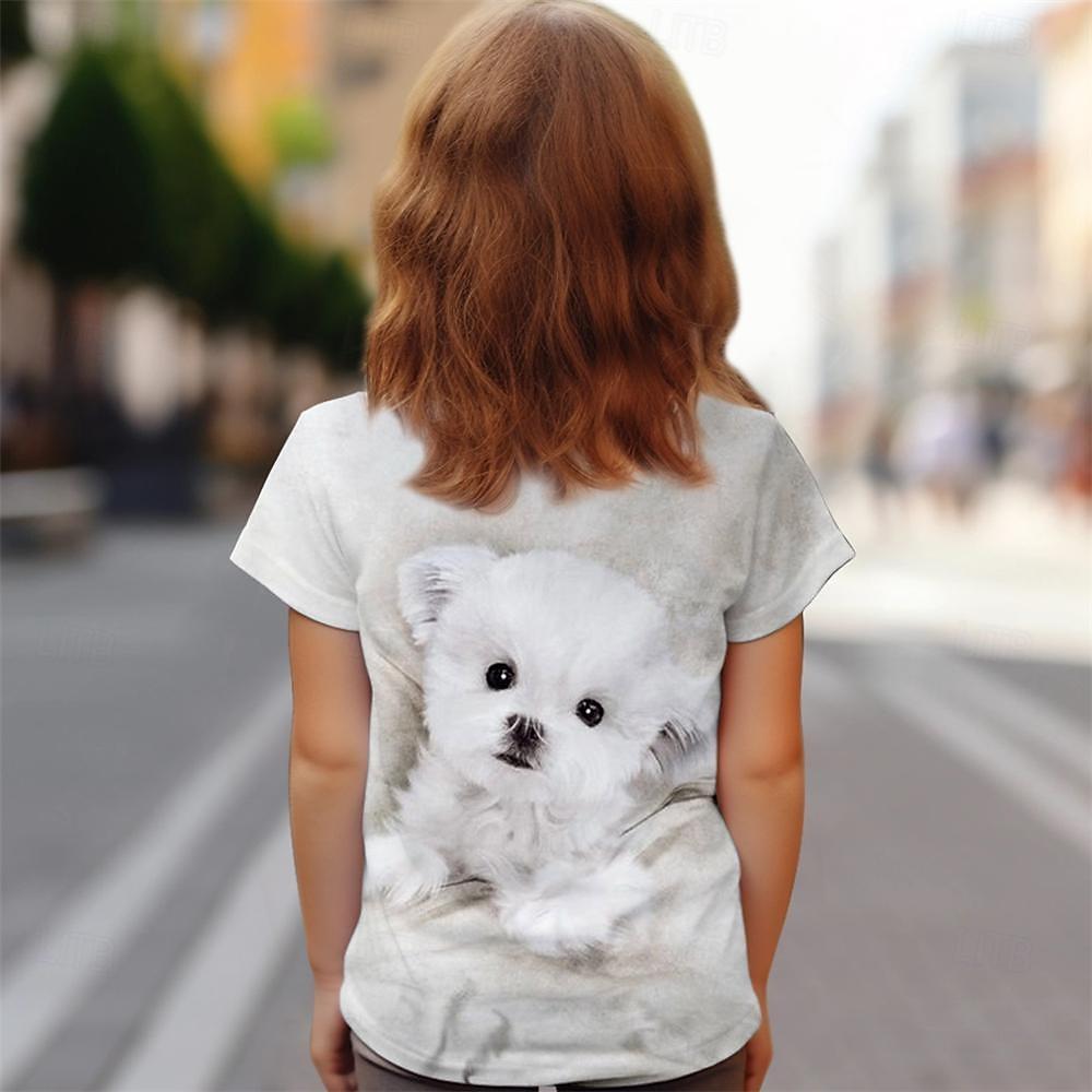 Niedliches Hunde 3D-Druck T-Shirt für Mädchen Niedliche Mädchen T-Shirts Kindergeschenk T-Shirt Kurzarm Lässiges Oberteil Kinderbekleidung 140