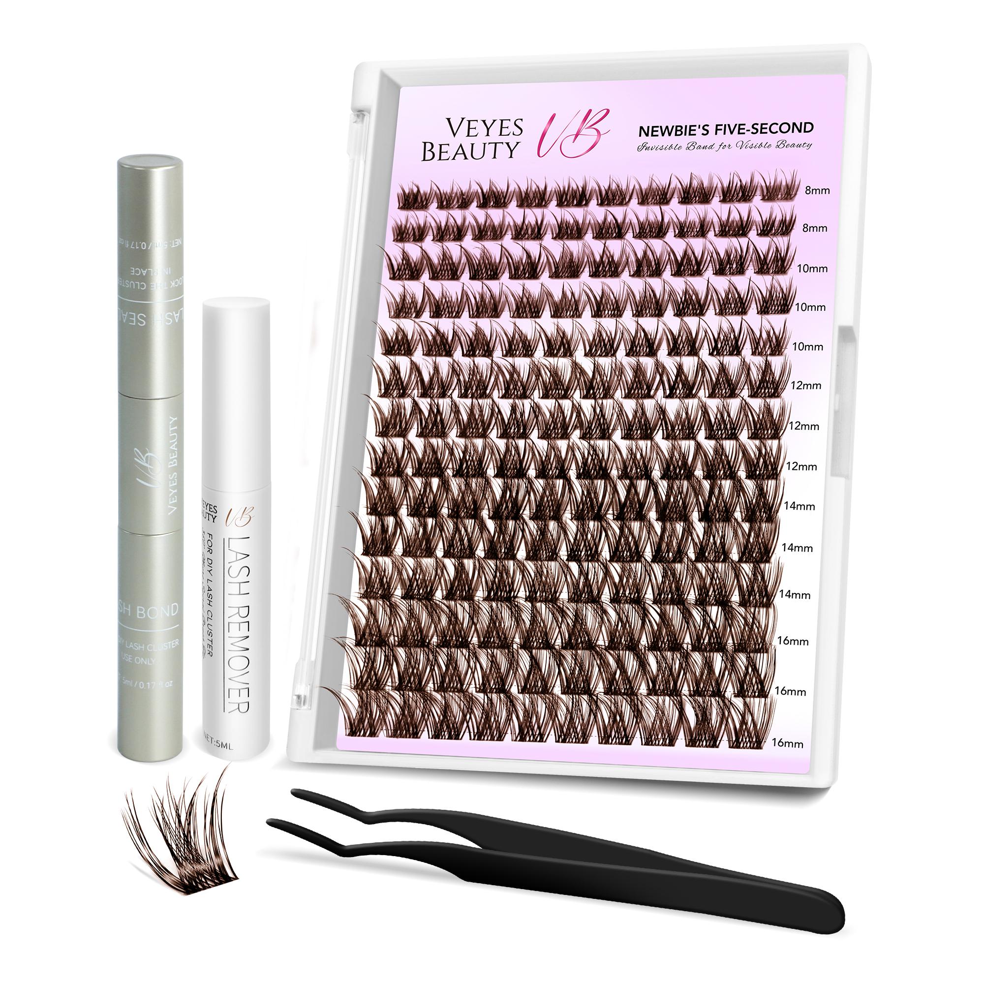 Veyesbeauty LuxeBold Lashes 3D-Positionierungstechnologie Leichtes Tragegefühl Newbie's Five Second Series 140 Cluster 8-16 mm Lash Kit braun