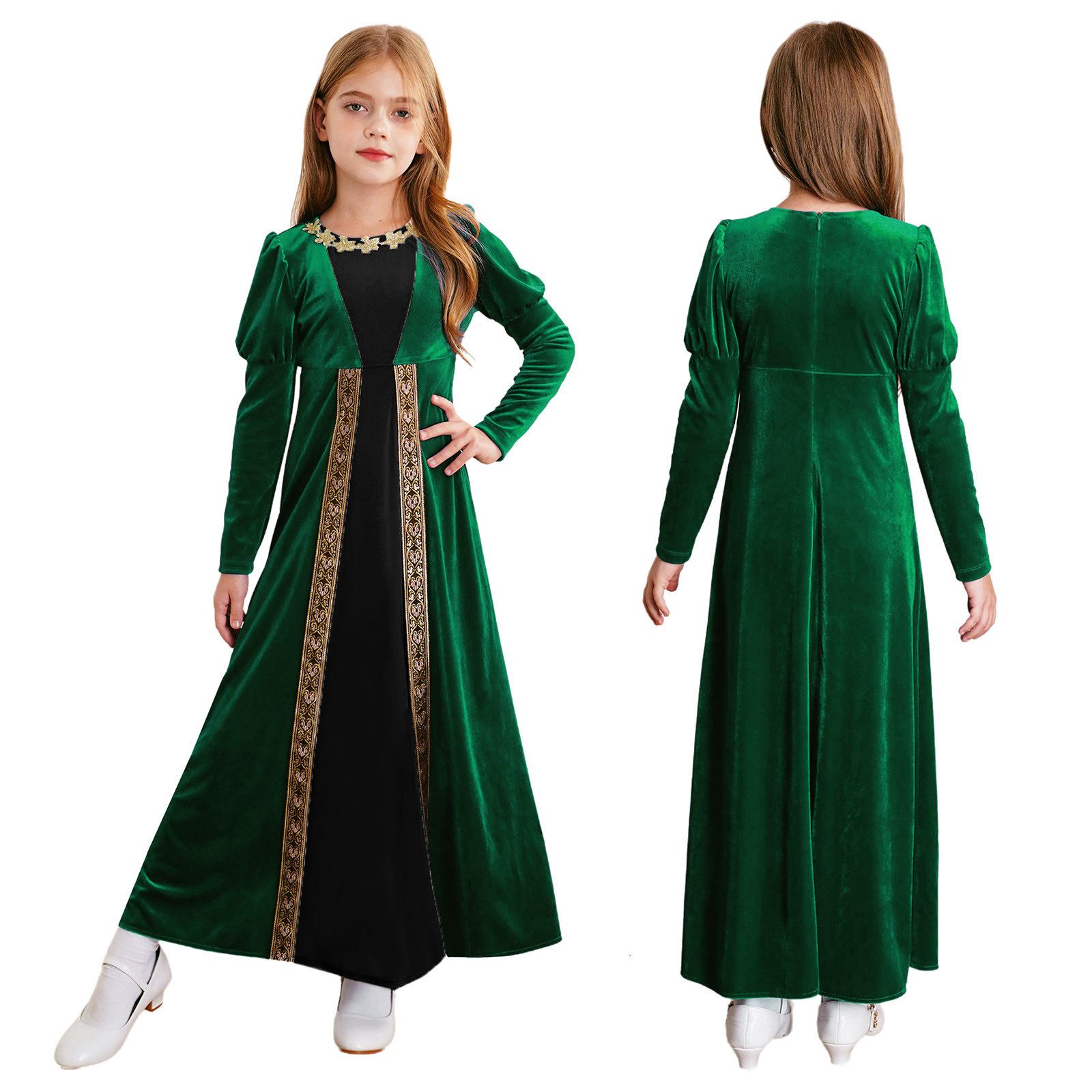 Mittelalterliches Renaissance-Kleid für Mädchen, Halloween, Rollenspiel, Partykostüm, Prinzessin, Langarmkleid, Ballkleider 9-10 Years grün