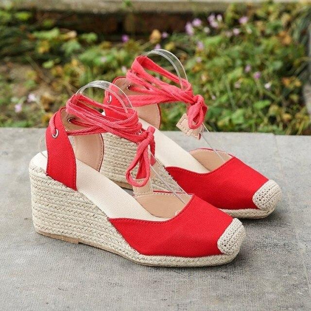 Neue Damen Espadrille Knöchelriemen Sandalen Bequeme Hausschuhe Damen Damen Freizeitschuhe Atmungsaktive Flachs Hanf Canvas Pumps 35 rot