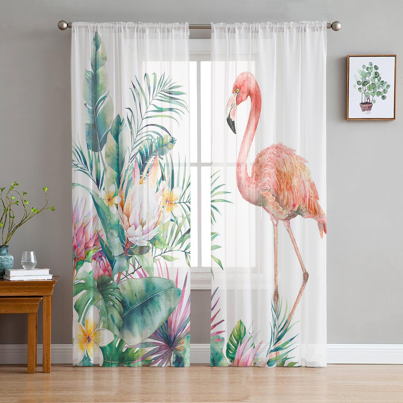 Flamingo Schildkröte Blatt Tropische Pflanze Transparente Vorhänge für Wohnzimmer Dekoration Fenster Vorhänge Küche Tüll Voile Vorhänge W135 x H115cm x1 white