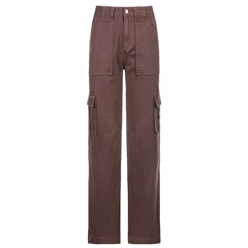 Braun Breite Bein Cargo Hosen Frauen Koreanische Mode gerade Hosen Weibliche Streetwear Hohe Taille Winter 2021 Lose Hosen M braun