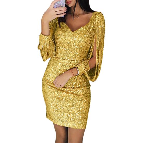 Party Damen Glitzer V-Ausschnitt Ausgeschnitten Quaste Langarm Bodycon Mini Kleid Abendkleid XL gelb