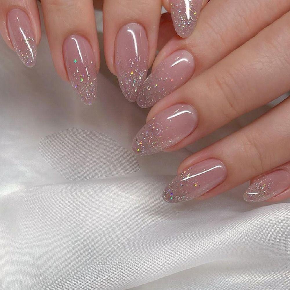 24 Stück Nagelspitzen zum Aufdrücken der Nägel, künstliche Nägel, DIY, französische Kunstnägel, glitzernd, lang, Mandel W274