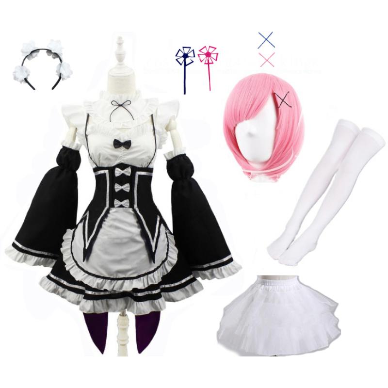 Anime Ram Rem Lolita Maid Cosplay Kostüme Vestido Re:Zero Kara Hajimeru Isekai Seikatsu Halloween-Kostüme für Damen, Loli-Kleid XXXL-(Full set+wig)