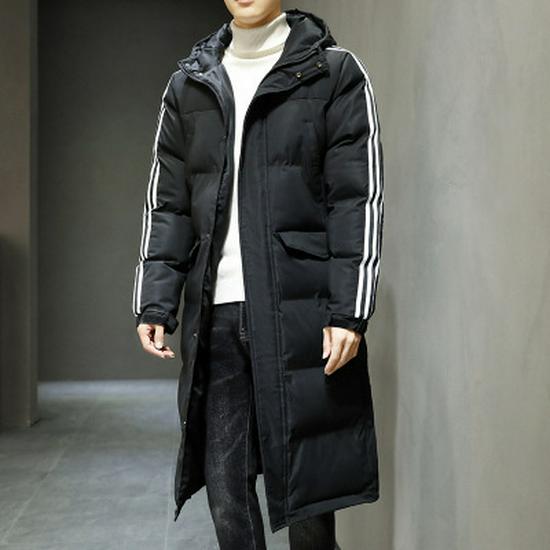 Trendy Herrenjacke im koreanischen Stil, mittellang, mit Baumwolle gefüttert – neues, dickeres Winterdesign mit drei Streifen 3XL