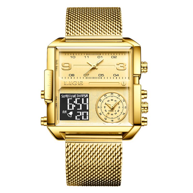 LIGE Top Marke Luxus Herren Uhren Quadratische Digitale Sport Wasserdicht Männer Quarz Armbanduhr schwarz/gold
