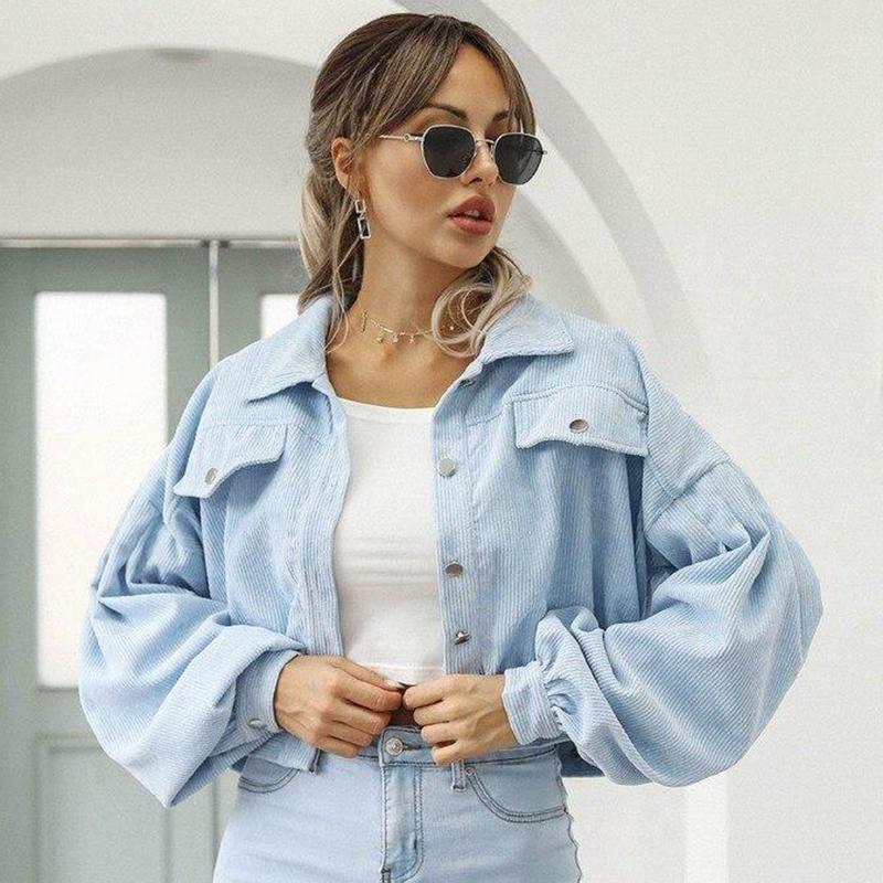 Abgeschnittene Cordjacken Damen Einreiher Mantel Mantel Mode Laternenärmel Vintage Herbst Winter Damenjacke 18047 S himmelblaue