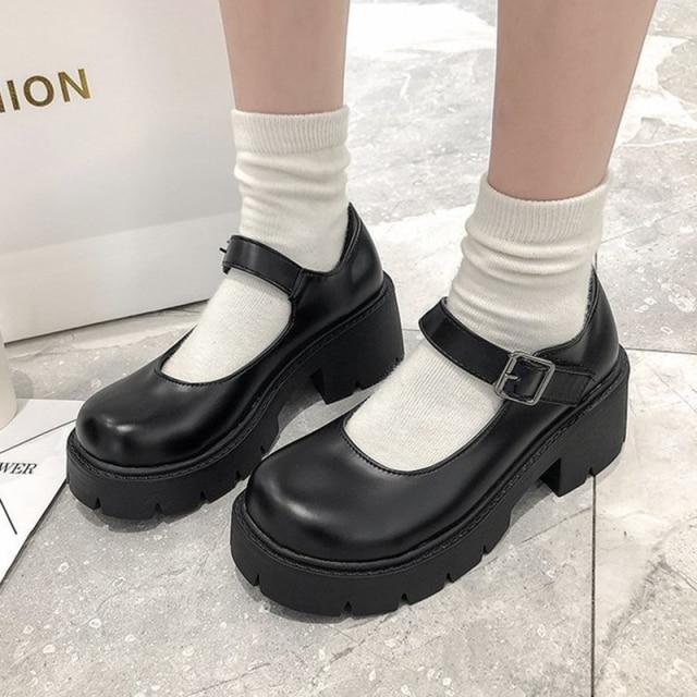 Lolita Schuhe Damen Japanische Mary Jane Schuhe Damen Vintage Mädchen Studenten JK Uniform High Heel Plateauschuhe Cosplay Plus Size 35 gray