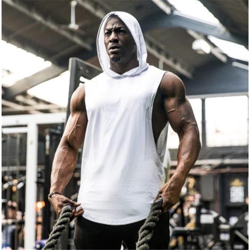 Herren Ärmelloses Tanktop mit Kapuze, Fitness-Tanktop, Pullover, Hoodies, Bodybuilding, Weste, Fitnessstudio, Sportbekleidung, Training L weiß