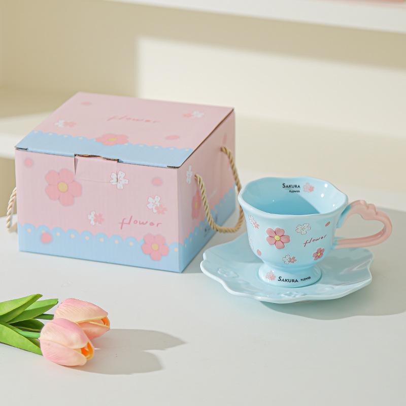 Hochwertige Tasse mit Kirschblütenrelief, personalisiert, kreativ, Mädchenherz, Zuhause, Keramik, Wasserbecher, Kaffeetasse, Untertasse, Souvenir 201-300ml