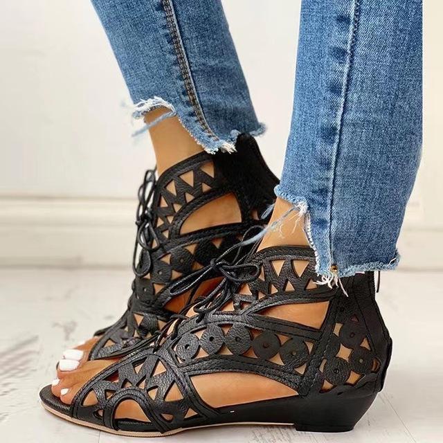 Sommer Sandalen Peep Toe Damen Durchbrochene Schuhe Retro Sandalen Frau Outdoor Sandalen Plateau Bequeme Schnürung Große Größe 35 ~ 43 40 schwarz
