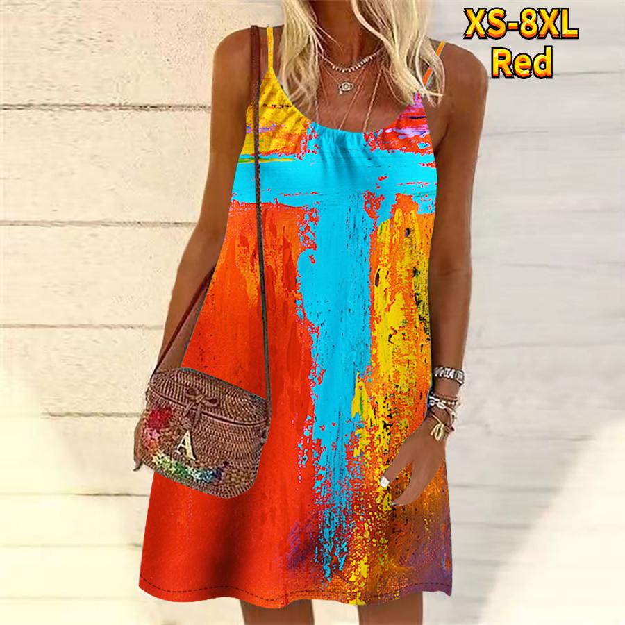 Frauen Blume Bunte Tinte Gedruckt Mini Kleid Ärmelloses Party Kleid Sommer Strand Kleid Sommerkleid 8XL rot