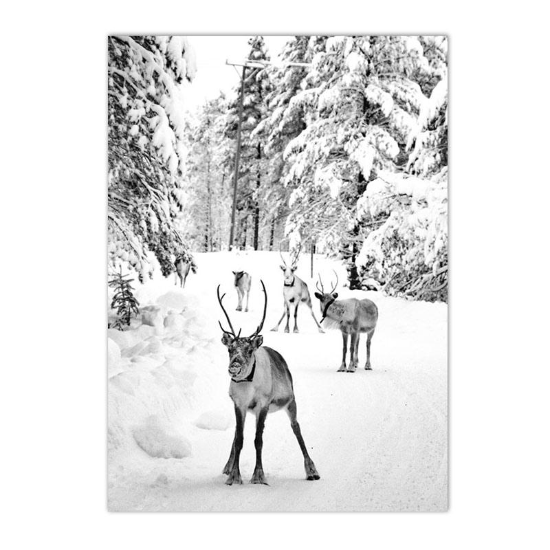 Winter Ski Anlage Poster Schwarz Und Weiß Hund Deer Kunst Malerei Schnee Wald Reed Leinwand Drucken Nordic Wand Bilder Wohnkultur 21*30cm No Frame
