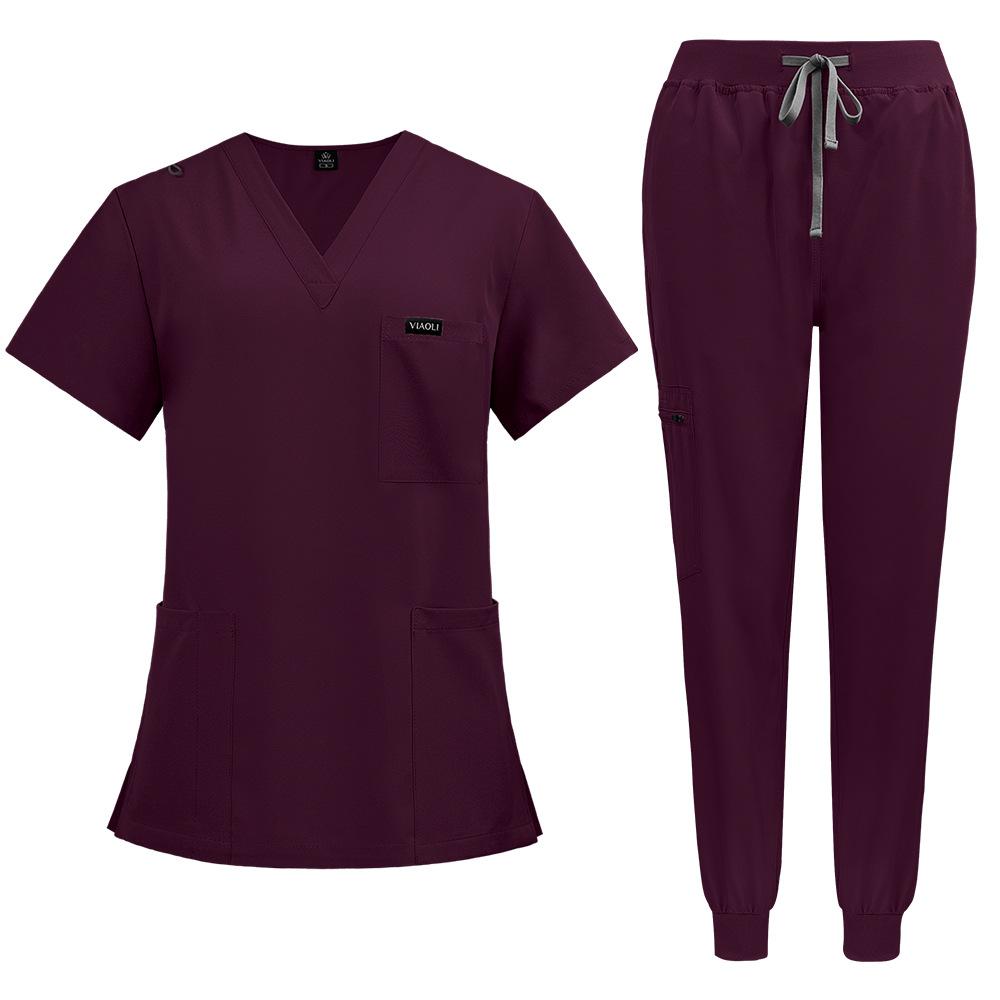Damen Scrubs Set Joggerhose Henley Zweiteiliges Oberteil und Hose V-Ausschnitt Stretchig Krankenschwester Arbeitsuniform mit Tasche XXL wein rot