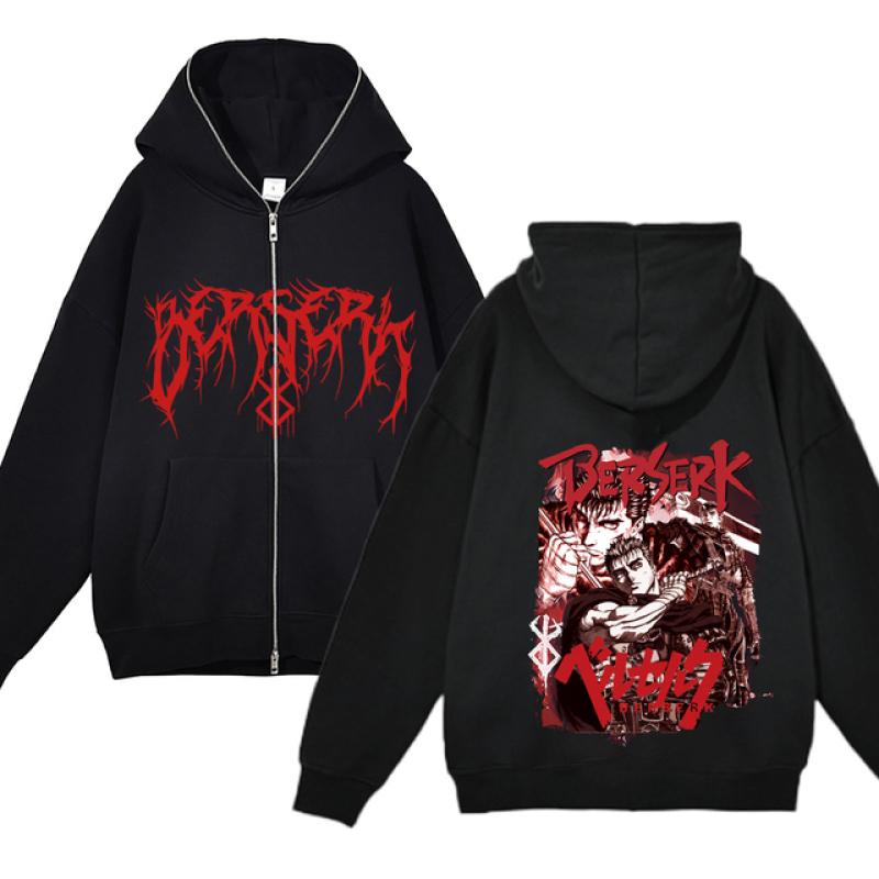 Berserk Sweatshirt Full Zip Jacken Y2k Hoodies Casual Sweatshirts Anime Print Mantel Herbst Fleece Kleidung Guts Kapuzen für Herren XL
