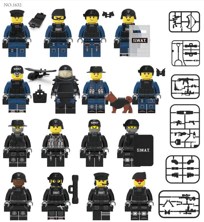 16-teiliges City Police SWAT-Baustein-Set, Puppen mit Zubehör, Figuren, brauner Hund, Kinder-Cartoon-Figuren, Polizei, kompatibel mit kleinen Partikeln