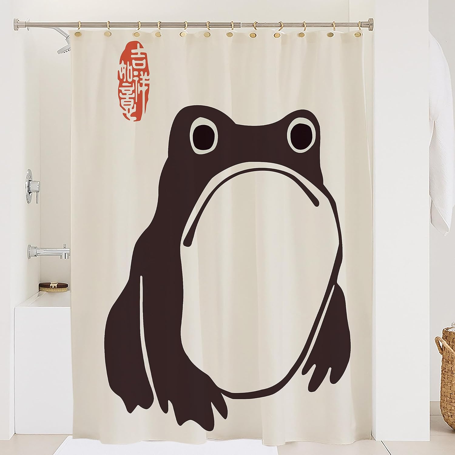 gleichgültiger Frosch Duschvorhang Tinte niedlich lustig asiatischer Stil traditionell wasserdichtes Stoff Duschvorhang cooles Badezimmer W120xH180cm