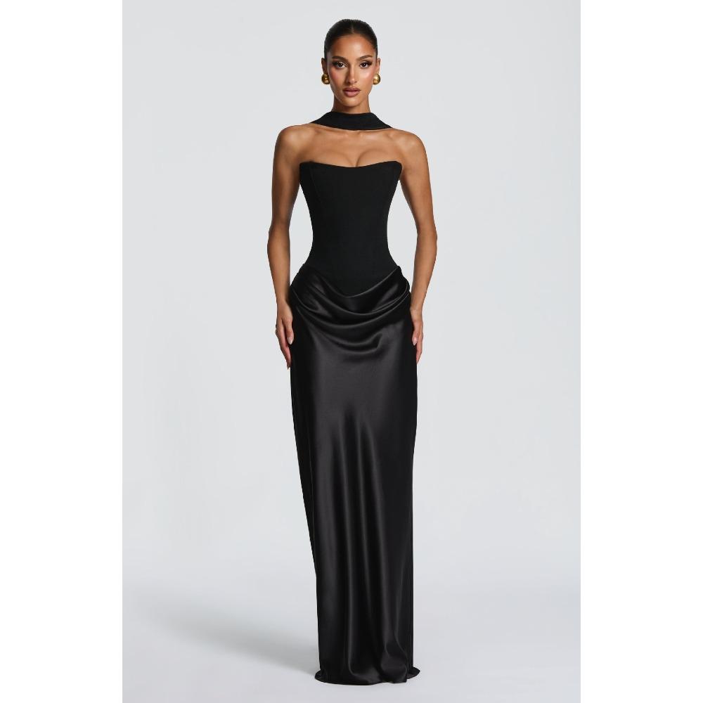 Damen trägerloses ärmelloses Maxikleid schmal geschnitten hohe Taille sexy Satin Meerjungfrauen-Abendkleid mit abnehmbarem Schal L
