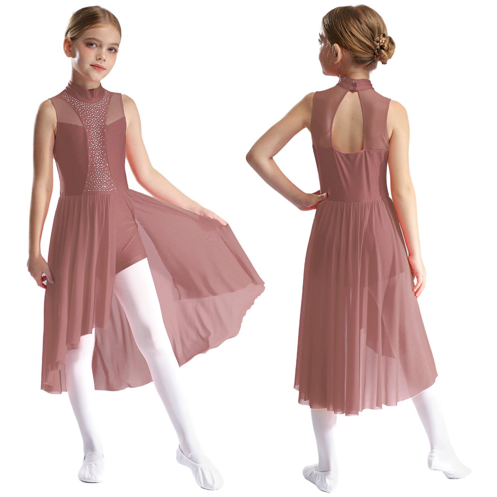 Eiskunstlauf-Tanzkleid für Kinder, Mädchen, ärmellos, Rollkragen, Cut-out auf der Rückseite, geschlitzt, asymmetrischer Saum, glitzernde Strass-Kleider 7-8 Years rosa