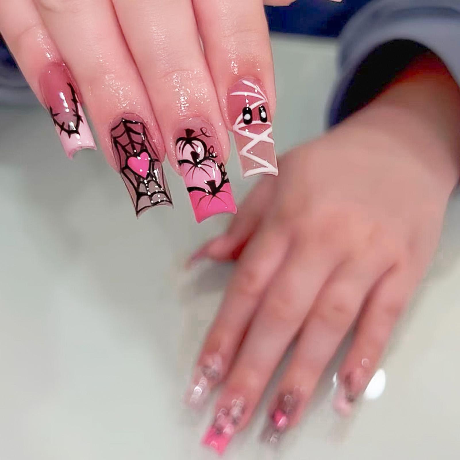 24 Stück Glitzer Rosa Pailletten Falsche Nägel Halloween Gruseliger Totenkopf Liebe Aufdruck Falsche Nägel Tragbar Europäischer Ballett Press-on Nägel