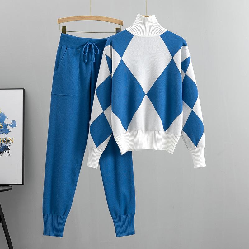 Anzug Damen Herbst und Winter Lässig Gestrickter Plaid Pullover Hose Zweiteiliger Anzug L