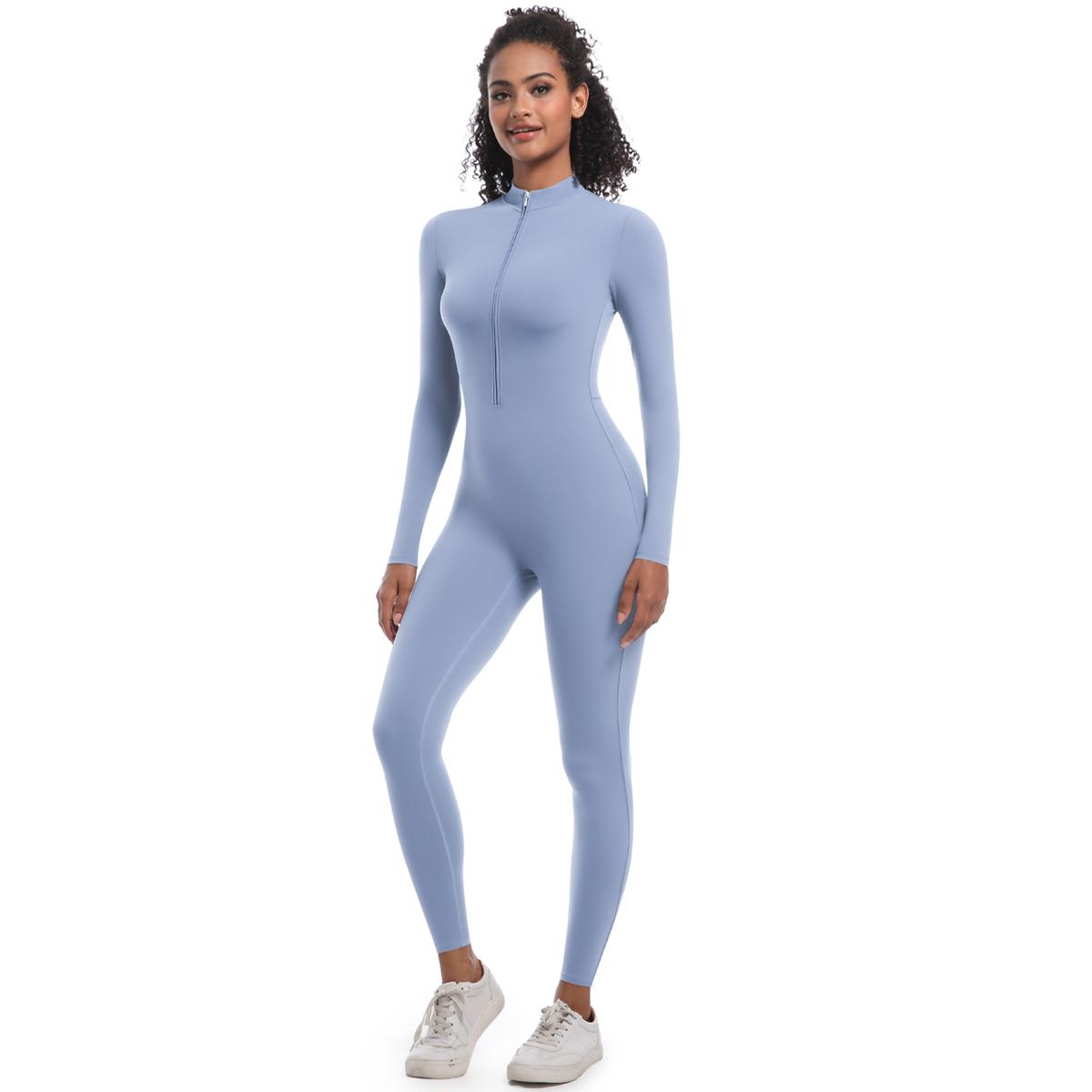 Nessaj Reißverschluss Fitness Jumpsuit Body Training Yoga Jumpsuit Damen Gym Tanz Einteiler Sexy Push Up Sportanzug XL blau