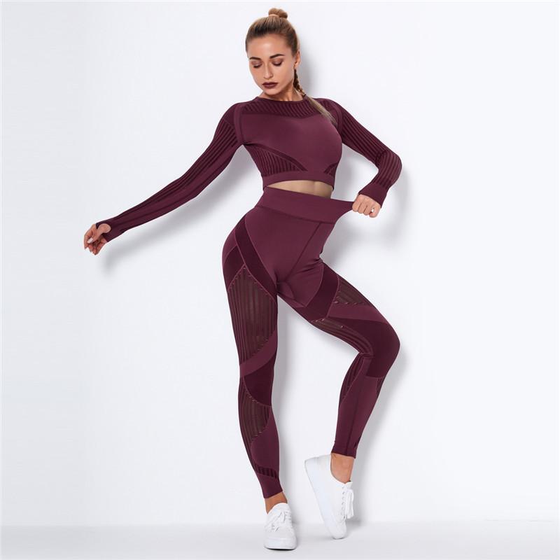 Mesh Yoga Set Auroth Frauen Sport Kleidung Langarm Shirt Sport Legging Set Hohe Taille Gym Tragen Engen Yoga Anzug M wein rot