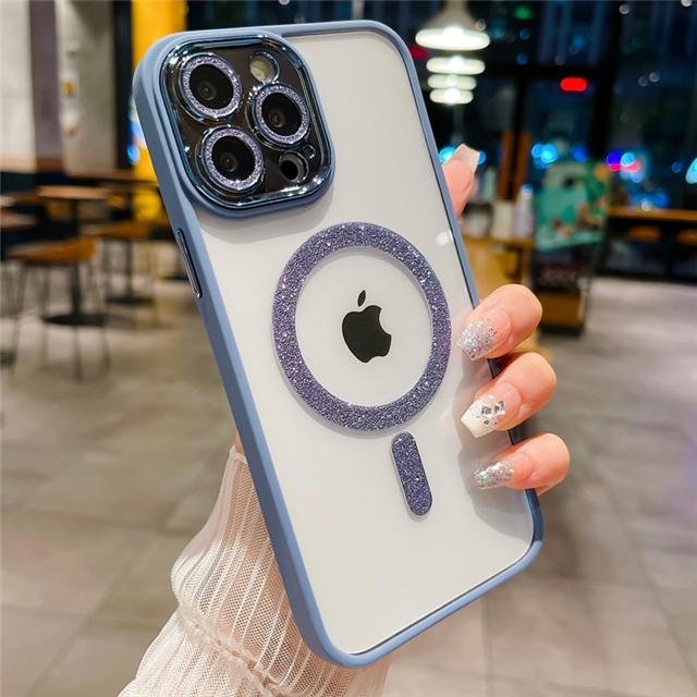 Für iPhone 15 Pro Max Luxus Glitzer Magsafe Magnetische Saubere Handyhülle Für iPhone 11 12 13 14 15Plus Blitz Linsenschutzhülle For iPhone 15 Plus white