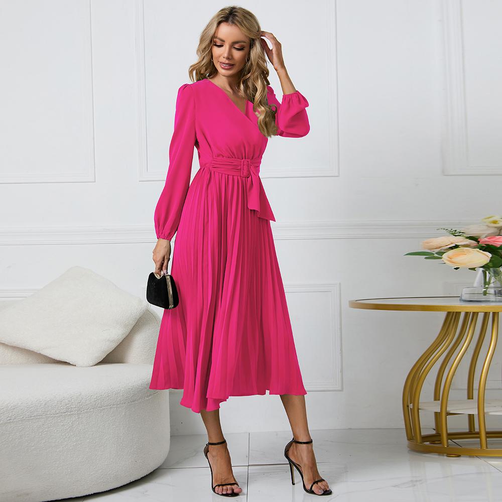 Damen Kleider mit hoher Taille, V-Ausschnitt, lange Ärmel, Krawatte, einfarbig, Plissierte Kleider XXL rose rot