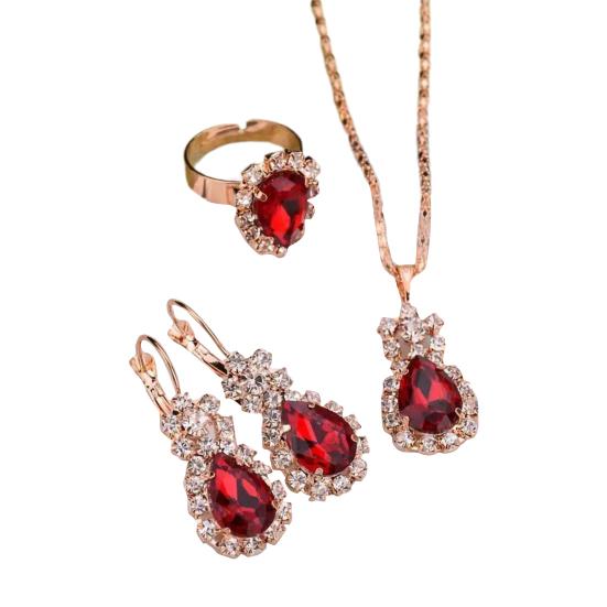 3 Teile/satz Ohr Clip Helle Farbe Legierung Halskette Ohrringe Ring Set Wasser Tropfen Strass Anhänger Halskette Ohrringe Ring Schmuck Zubehör rot
