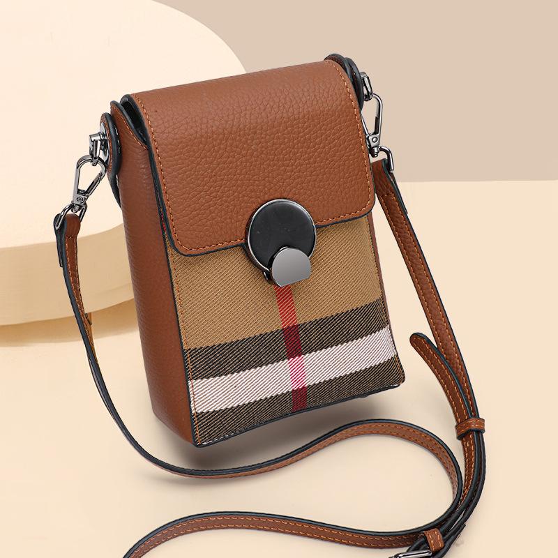 Europäische und amerikanische Mode Vielseitige Leder-Mini-Tasche Neue Rindsleder-Handytasche Karotasche Karierte Umhängetasche 13cmx7cmx19cm brown